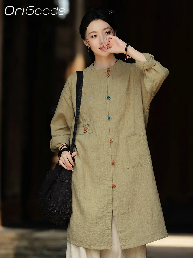 OriGoods Chinese Traditional Style Long Shirt Women Ramie Fabric Long Sleeve Autumn Shirt Coat Zen Japanese Clothes Top C074