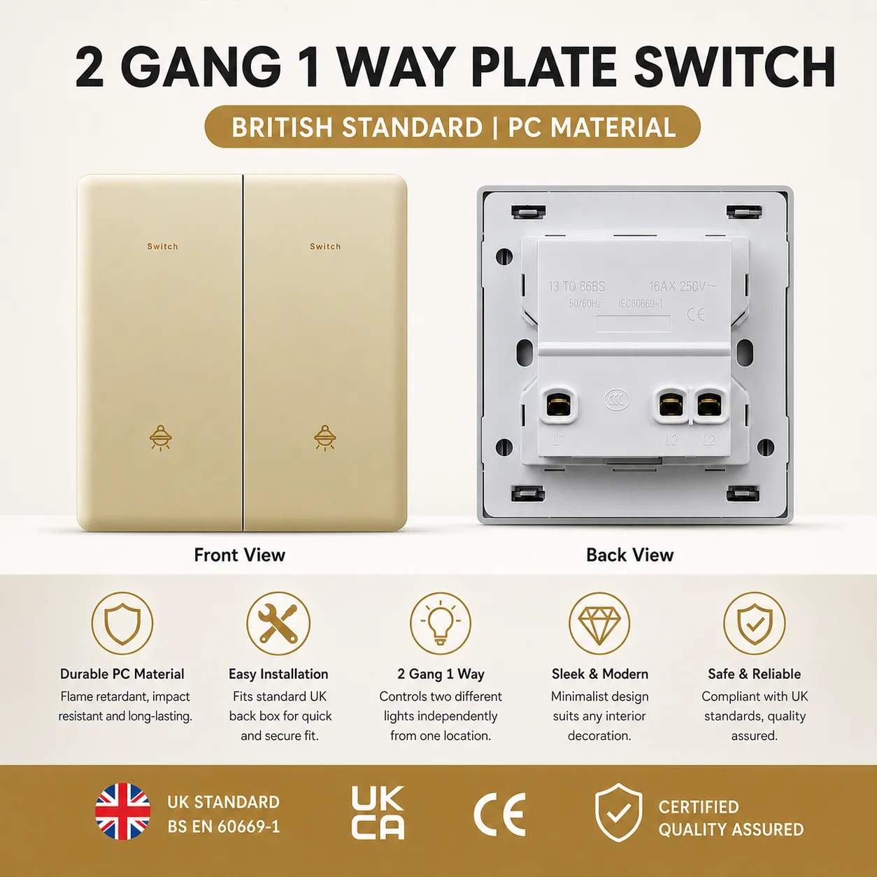 Gold UK 13A with USB C 18W 3.1A  Fast Charging Socket with USB Port. Wall Power Switch Socket, 1gang3way Intermediate Switch