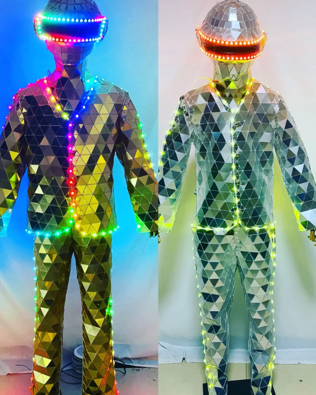 

Performance Mask Costume Hand Made Silver Golden LED Mirror Man Show Stage Suit