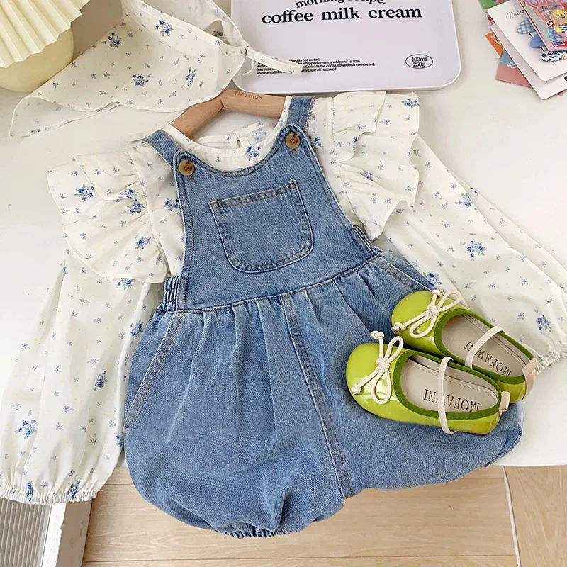 Kids Girls Clothing Suit 1-8Y Floral Print Tiered O-Neck Puff Sleeve Shirt+Solid Denim Jumpsuit Fashion Children Spring Clothes