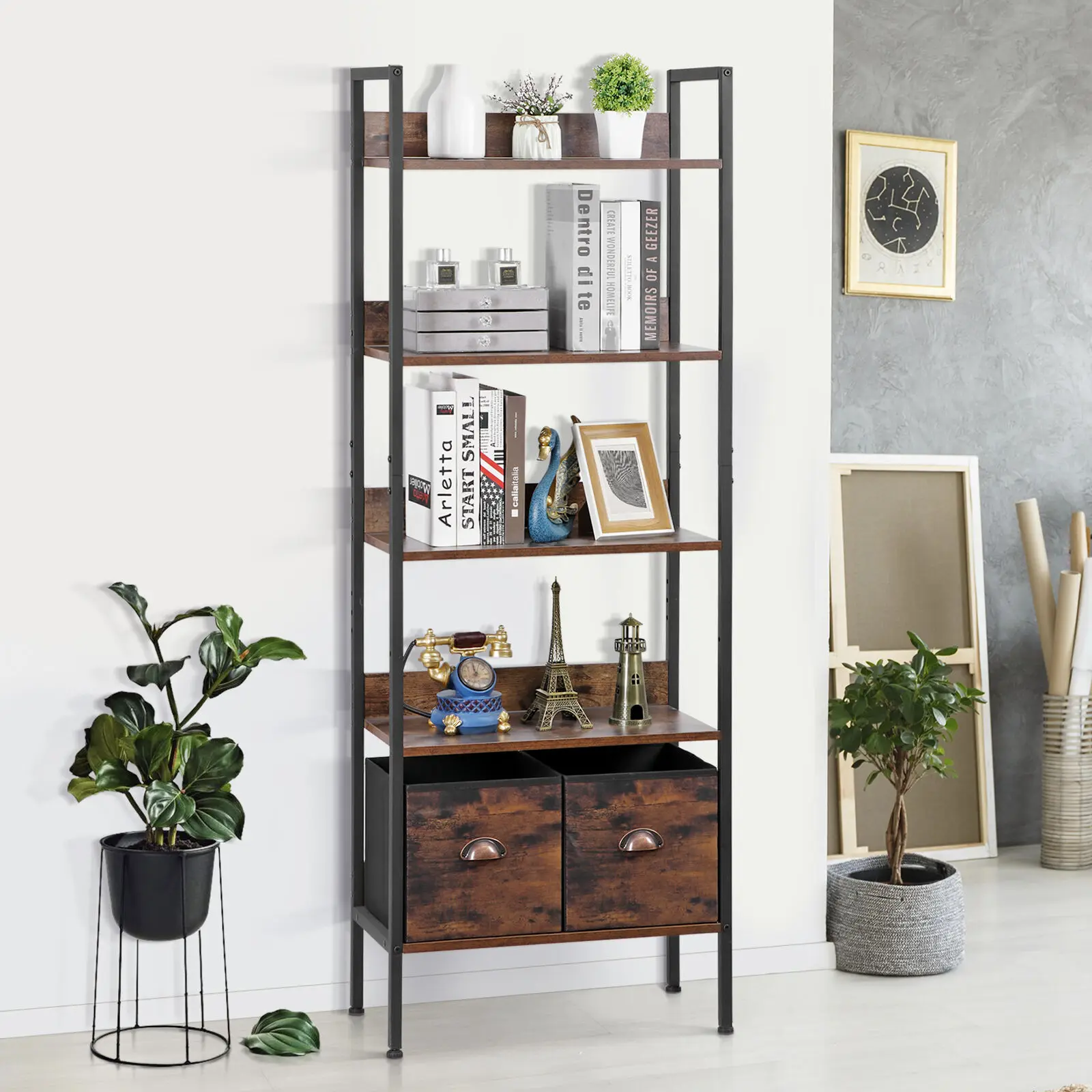 

5-Tier Open Shelves Bookcase with 2 Drawers Sturdy Bookshelf for Living Room