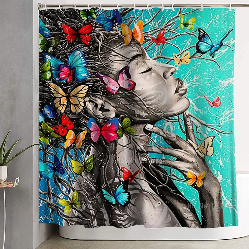 Afro American Queen Butterflies Vine Plants Traditional Floral Demon Girl Aries Black Woman Tattoo Shower Curtain By Ho Me LiLi