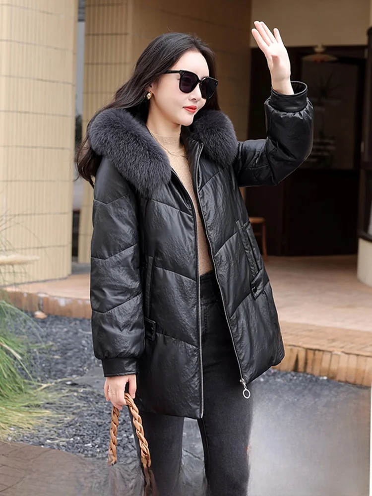 

Зимняя женская куртка из натуральной кожи с меховым воротником, пальто из овчины, стильное повседневное, с молнией