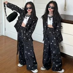 Spring junior Girl Blazer Set Child Letter Coat+Wide Leg Pants 2piece Girl clothes suit Casual Walk Show Girl Clothing outfits