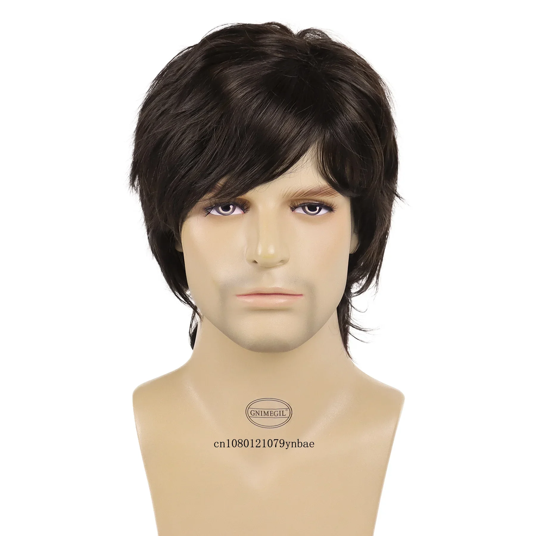 Short Pixie Cut Hairstyle Synthetic Wig with Bangs for Men Male Dark Brown Straight Wigs Daily Cosplay Halloween Heat Resistant