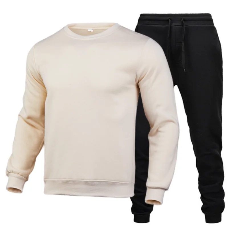 New  Solid Color New high-quality men\'s leisure sports round neck hoodless sweater pullover+outdoor running pants set