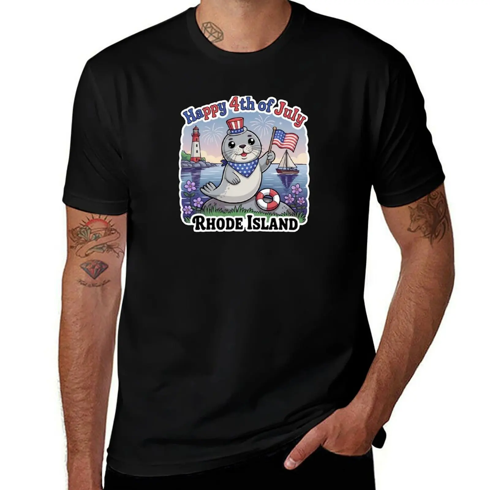 

Rhode Island Harbor Seal 4th of July Chibi Sticker Ocean State Patriotic Design T-Shirt summer tops T-shirts for men cotton
