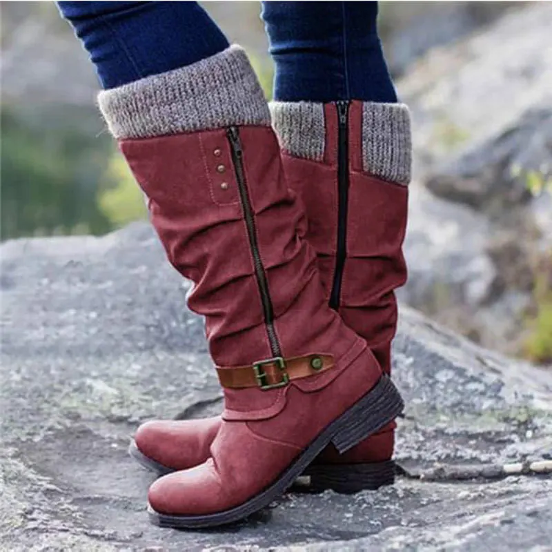 Winter Women Long Boots Round Toe Low Heel Mid-Calf Boots Knitted Patchwork Side Zipper Lace-Up Female Motorcycle Boots Botas