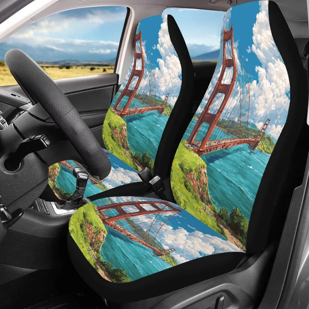 2pcs-Golden Gate Beauty, Print Car Seat Covers For Everyone, Universal Auto Front Seats Protector Fits For Car, SUV Sedan, Enhan