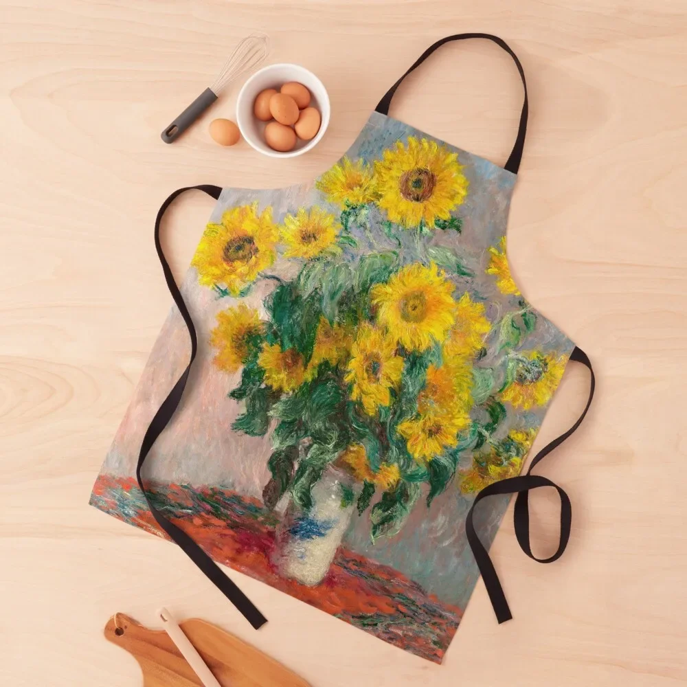 

Bouquet of Sunflowers by Claude Monet Apron for women with pocket Useful Things For Kitchen Chef Uniform Apron