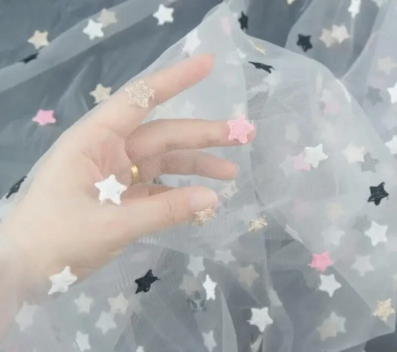 

Colorful Star embroidery Lace Fabric Cotton Star Soft Tulle Fabric For Girl Dress Tutu Dress Wedding Dress Children's clothing