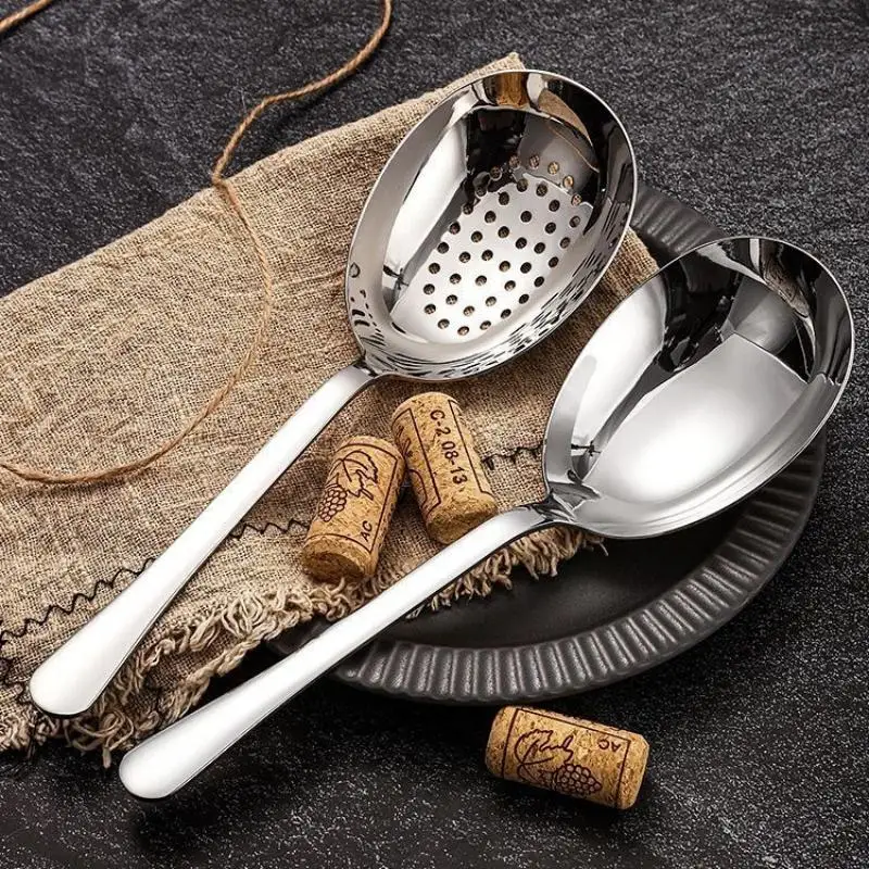 2Pcs Stainless Steel Serving Spoon Restaurant Public Use Filtering Soup Rice Ladle Large Size Silver Tone Kitchen Utensil Set*..