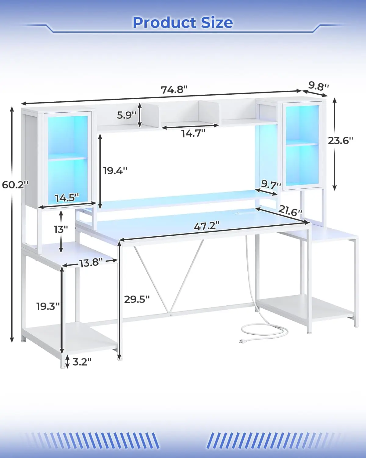 مكتب ألعاب 74.8 بوصة مع أضواء LED، وأرفف تخزين، ومكتب كمبيوتر مع حامل شاشة #2