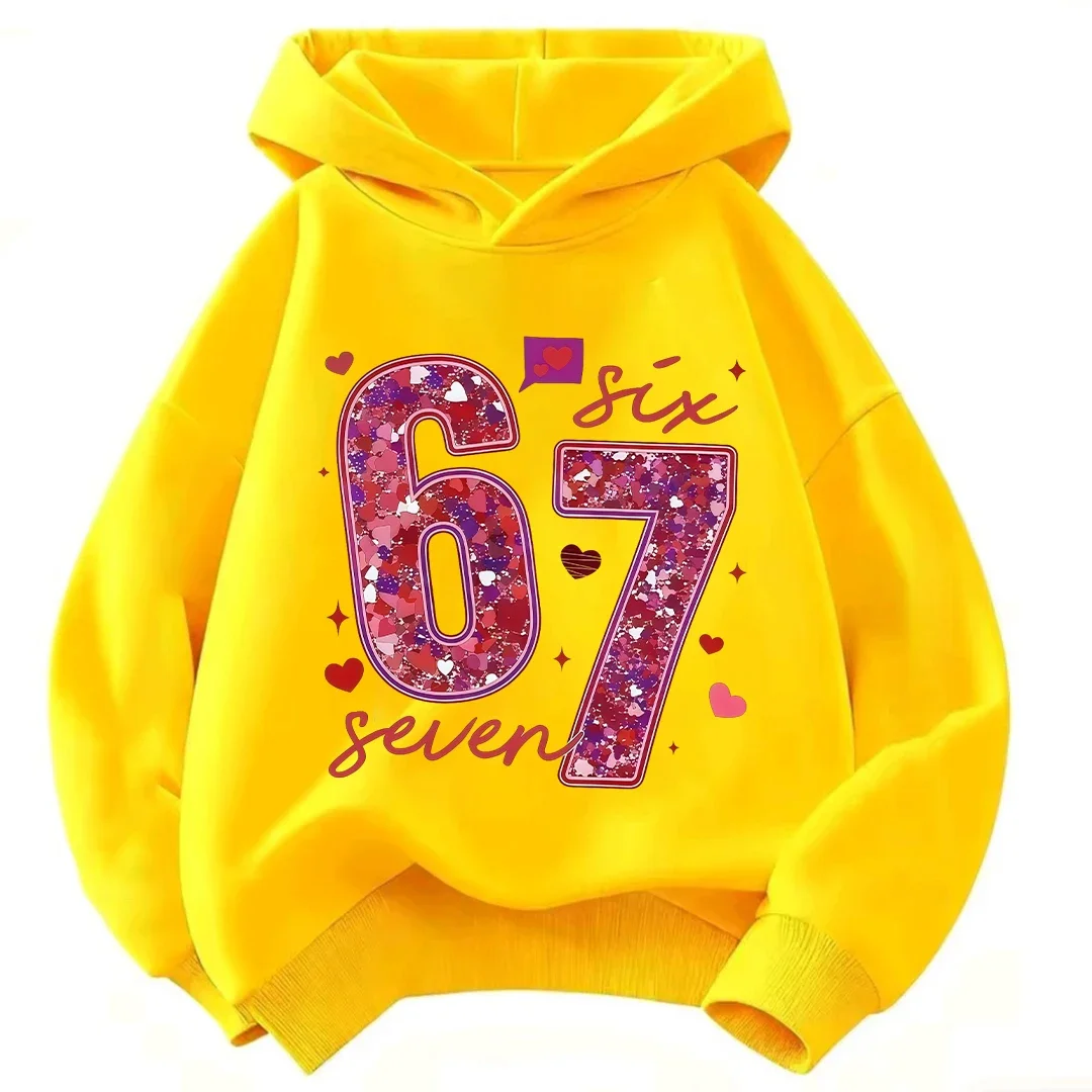 Kinder-Kapuzenpullover mit Glitzer, Nummer 67, Sechs, Sieben, Herz-Print, Langarm-Pullover, Sweatshirt für Mädchen, Lässige Herbst-Oberbekleidung – Detail 6