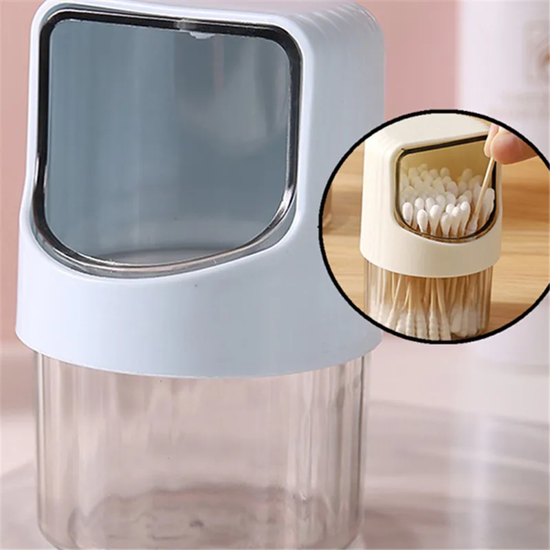 1pc Transparent Cotton Swab Storage Box With Lid Rotatable Dust-proof Desktop Cottons Stick Organizer Plastic Storage Jar