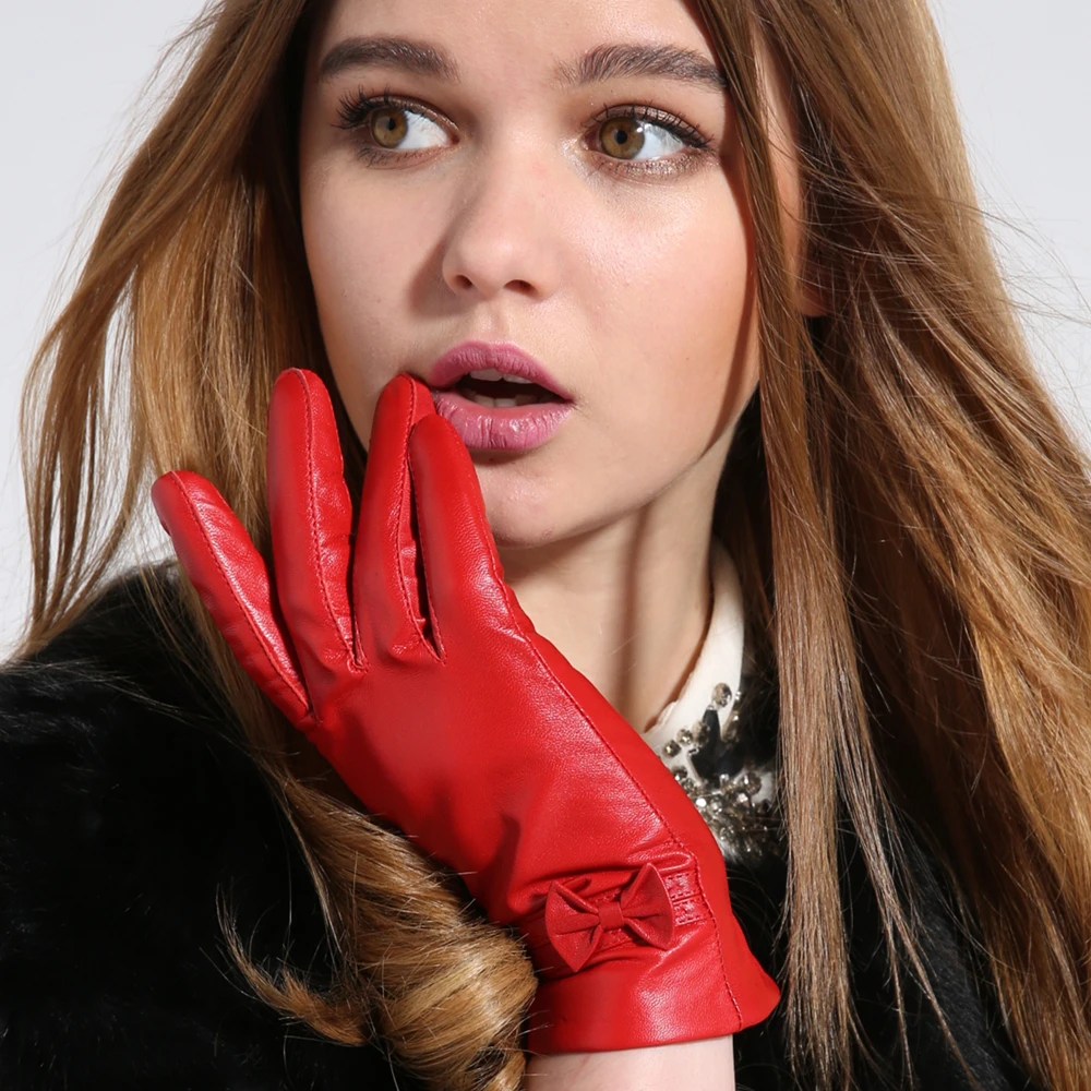 GOURS Winter Real Leather Gloves Women Red Genuine Goatskin Gloves with Fleece Lining Warm Driving Fashion Bowknot New GSL006