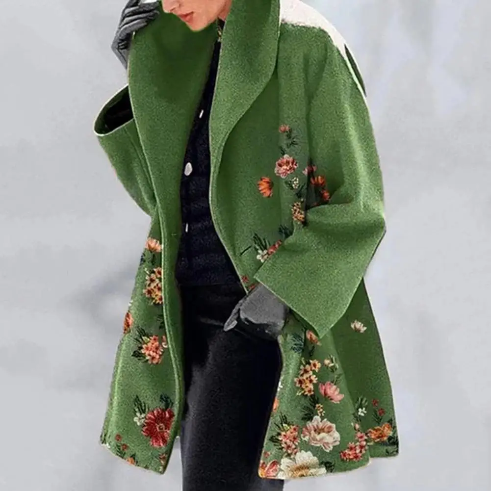 Women Jacket Elegant Street Cardigan Coat Women\'s Plus Size Floral Print Overcoat for Fall Winter with Thick Warmth Mid Length