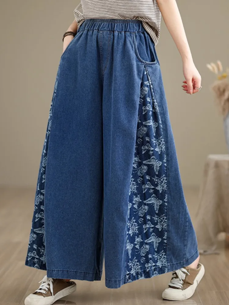 Oversized Jeans Summer Elastic High Waist Pant Women Butterfly Print Patchwork Fashion Loose Ladies Trousers Wide Leg Woman Pant