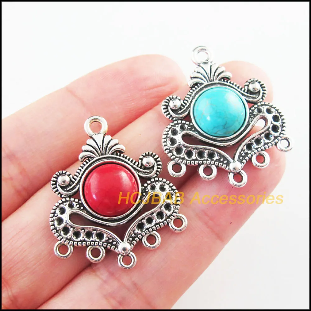 Fashion 6Pcs Retro Tibetan Silver Tone Flower Heart Blue&Red Stone Charms Connectors 26x31mm