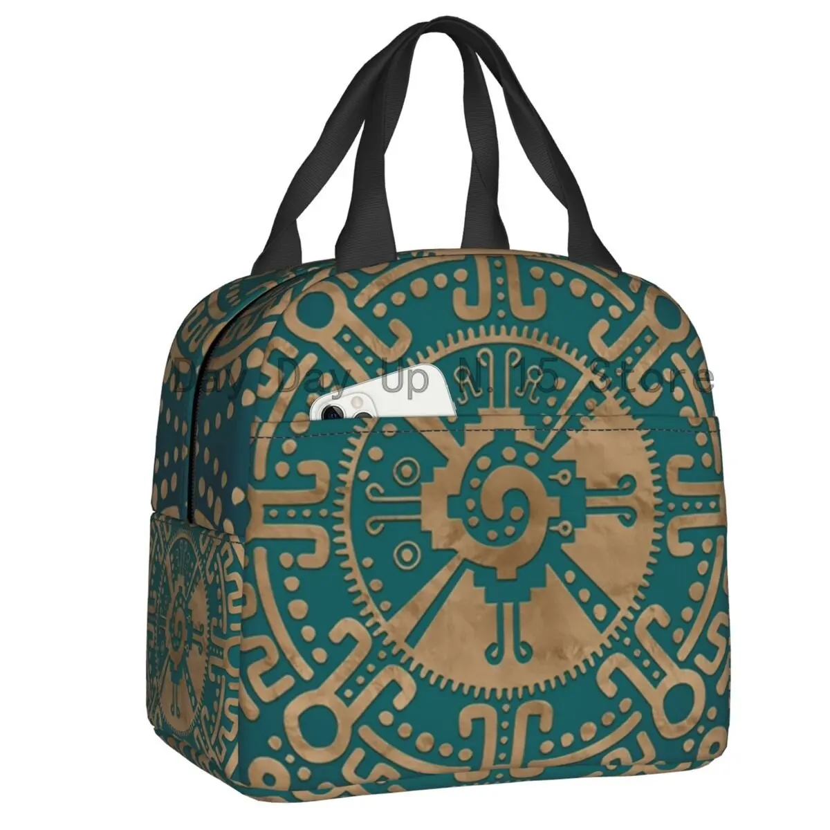 Golden Embossed Hunab Ku Mayan Symbol Portable Lunch Box for Women Multifunction Cooler Thermal Food Insulated Lunch Bag