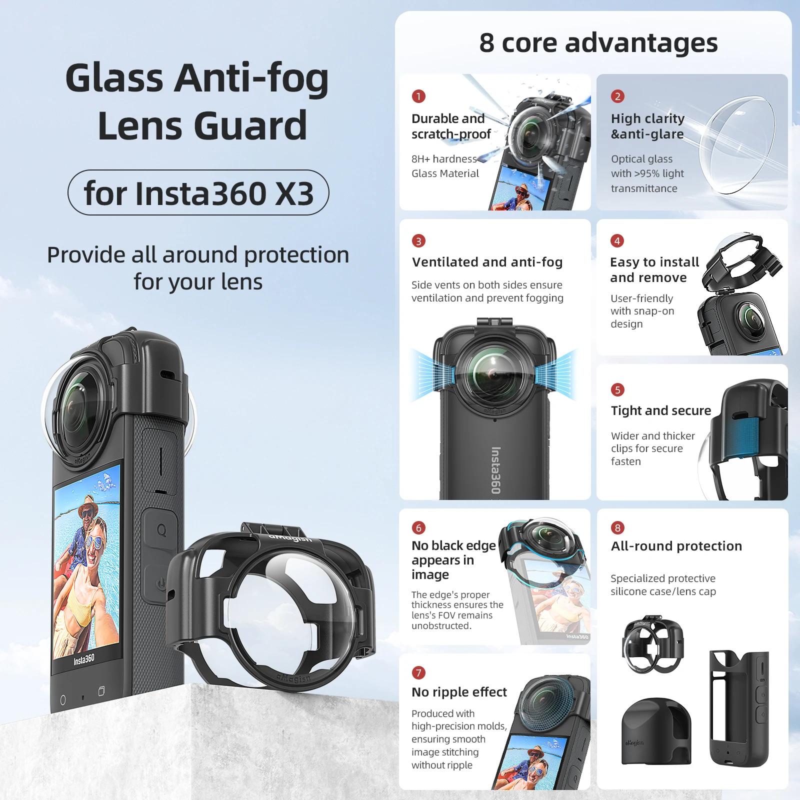 aMagisn Glass Anti-fog Lens Guard for Insta360 X3 Removable Lens Guard Upgrade Optical Glass Protective Guard Accessories