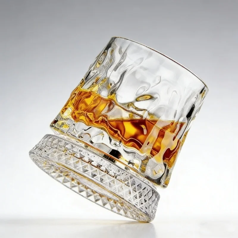 280ML 2PCS Glass Cup with Base Crystal Rum Whiskey Rotating Glass Mug Diamond Cut Ice Flower Bubble Pattern Spinner Cup Gifts