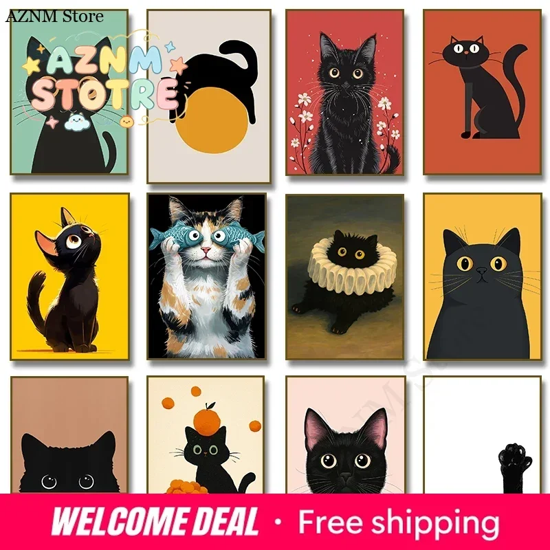 Minimalism Cute Peeping Black Cat Funny  Modern Poster and Prints Canvas Printing Wall Art Picture for Living Room Decor