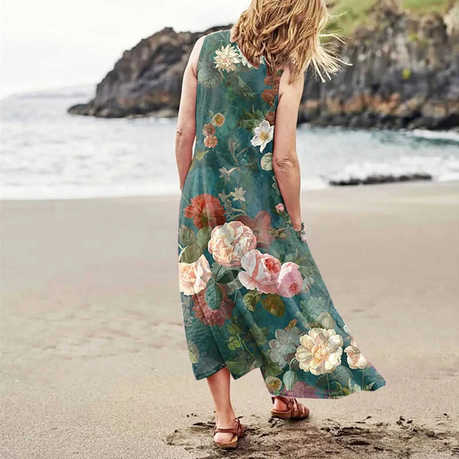 캐주얼 편안한 꽃 프린트 민소매 코튼, 포켓 비치 원피스, 우아한 여성 드레스, 여름 패션