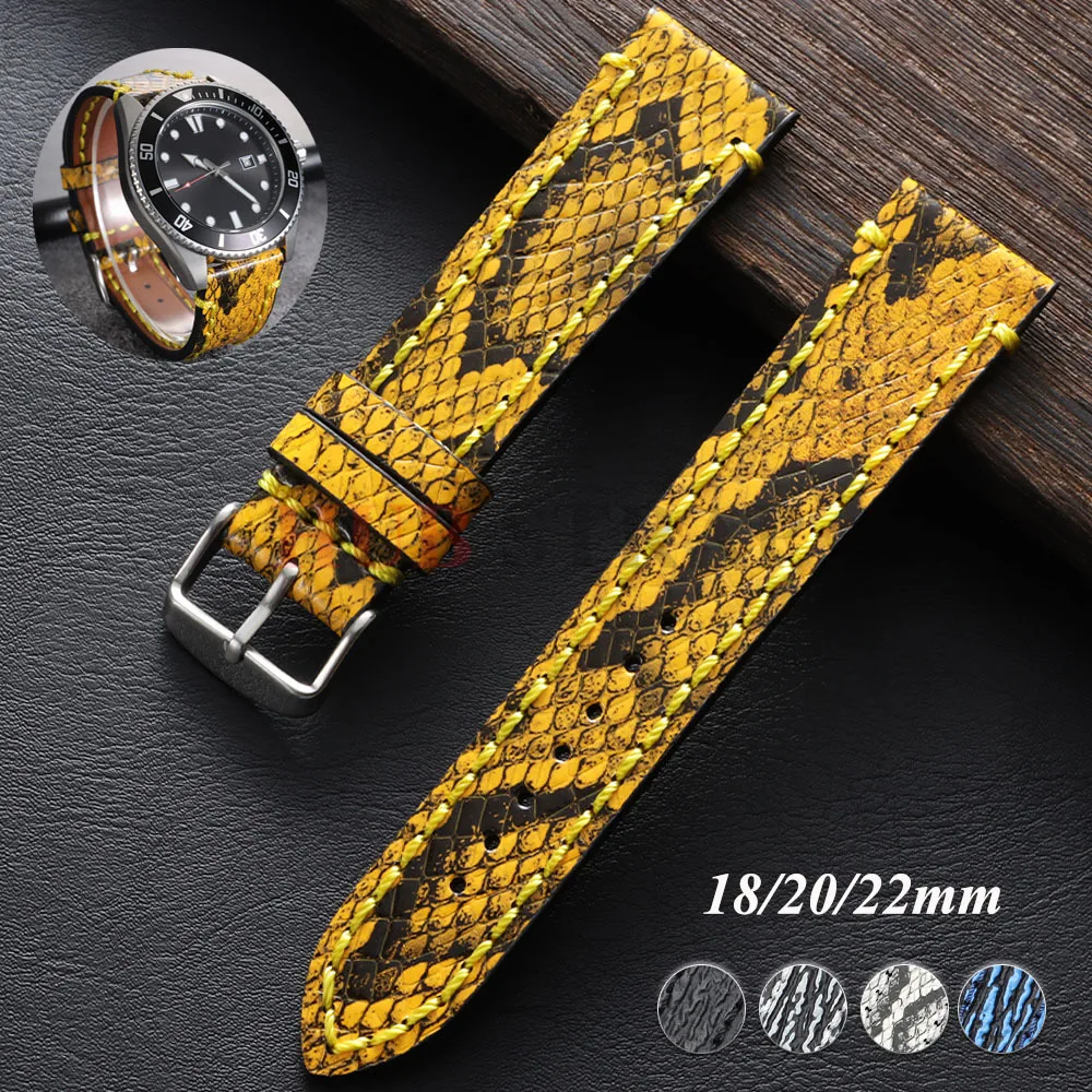 18/20/22mmHandmade Genuine Leather Bracelet Men for Seiko forPanerai Embossed Snake Shark Skin Pattern Vintage Cowhide Watchband