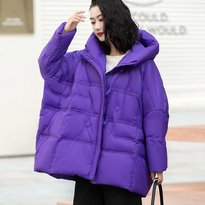 Hooded Down Jacket for Women, Warm Coat, Collision Design, Korean Version, Casual Parker Coat, Winter, New, 2024