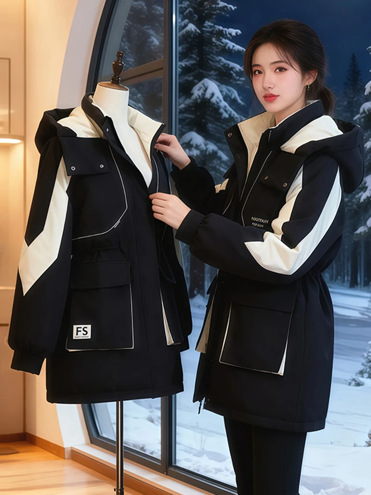 

Женская утепленная зимняя куртка-пуховик с капюшоном, приталенная, в стиле колор-блок, повседневная верхняя одежда в корейском стиле, хлопковая.