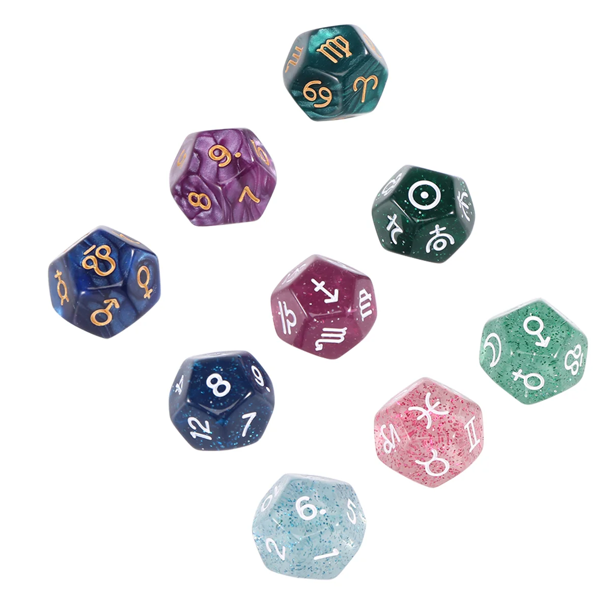 9Pcs Pearl 12-Sided Astrology Zodiac Signs Dice for Constellation Divination Toys Multi Sided Dice Type A