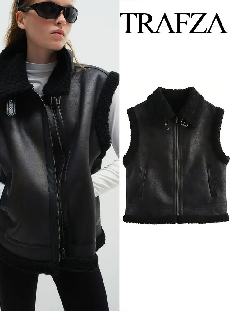 

TRAFZA 2025 Women's Winter Retro Street Thick Vest Jacket Fashion Faux Leather Wool Vest Women's Chic Zipper Pocket Jacket Y2K