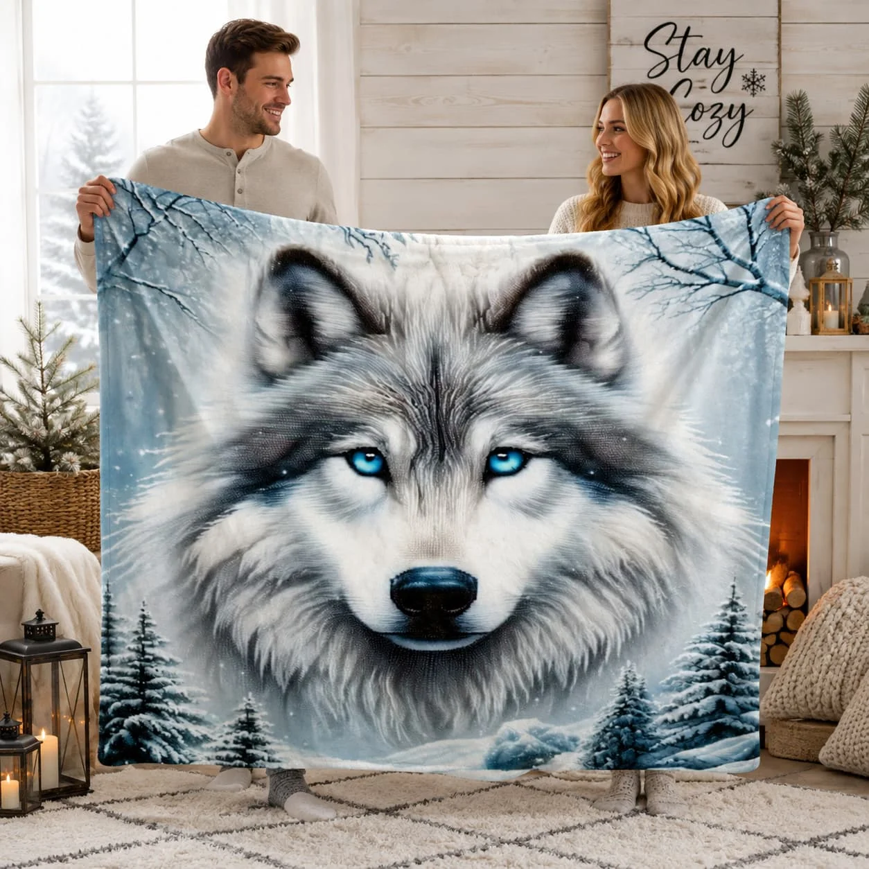 One Wolf Pattern Blanket, Multipurpose Flannel Warmth Throw Suitable for Sofa, Bed, Travel, Camping, Living Room, Office - Comfortable All Seasons