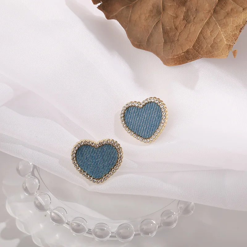 Mode Blauwe Denim Hart Vorm Studs Oorbellen Love Statement Bruiloft Geometrische Hart Bohemian Vintage Acryl Trend Sieraden