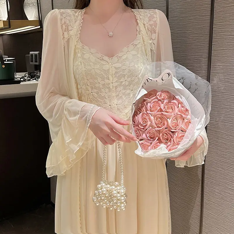 2024 New Women Long Sleeve Vintage Nightgown Retro Fairy Palace Nightdress Classic French Court Princess Lounge Sleepwear Gowns