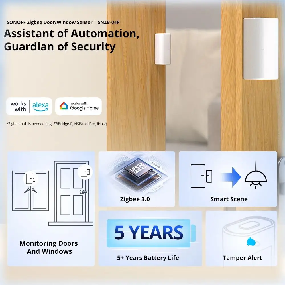 SONOFF-Sensor Zigbee de Porta e Janela, Alarme de Segurança Doméstica, Local Smart Scene, Funciona com Alexa, Google Home, SNZB-04P