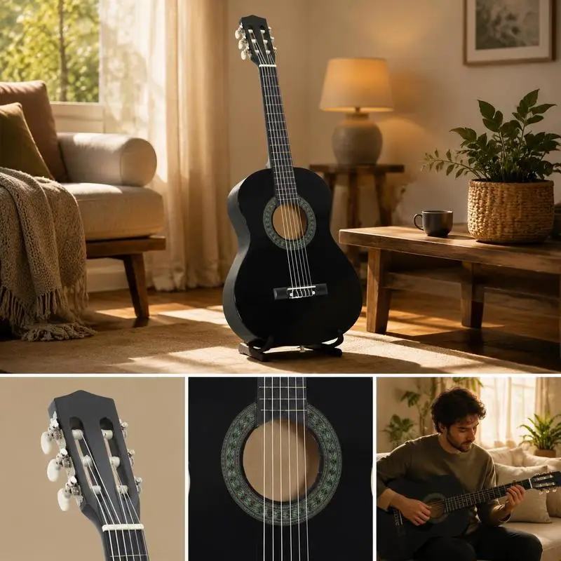 Guitare acoustique 34'' taille 1/2 pour débutants, guitare classique en bois finition noire, cordes à faible tension, conception facile à jouer, son doux, construction durable, instrument de musique à cordes, guitare compacte pour la pratique musicale, la maison, les loisirs