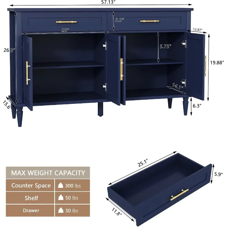 58 Inch Sideboard Buffet Cabinet with Storage, Fluted Buffet Storage Cabinet with 2 Drawers and 4 Doors, Modern Coffee Bar with