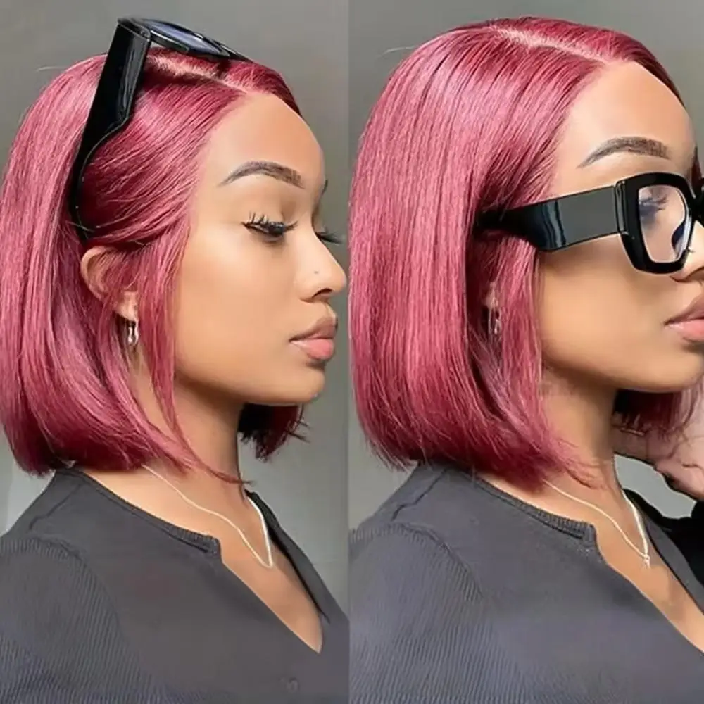 

99j Burgundy Bob Wig 100% Human Hair 13×4 HD Lace Frontal Wigs Remy Brazilian Hair 200% Density Straight Bob For Women 8-14 Inch