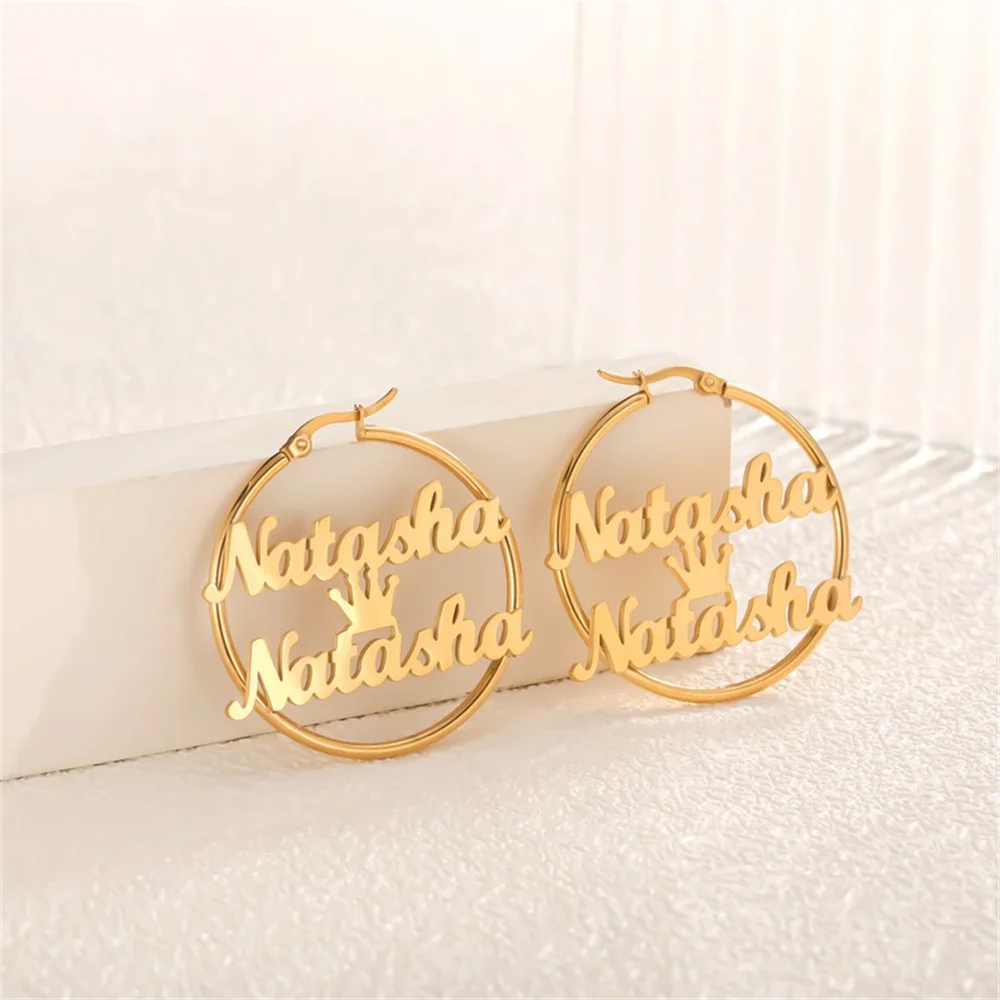 

30mm-100mm Hoop Earrings Customize Double Name Earrings Custom Hoop Earrings with Crown Women Nameplate Earrings Jewelry Gift