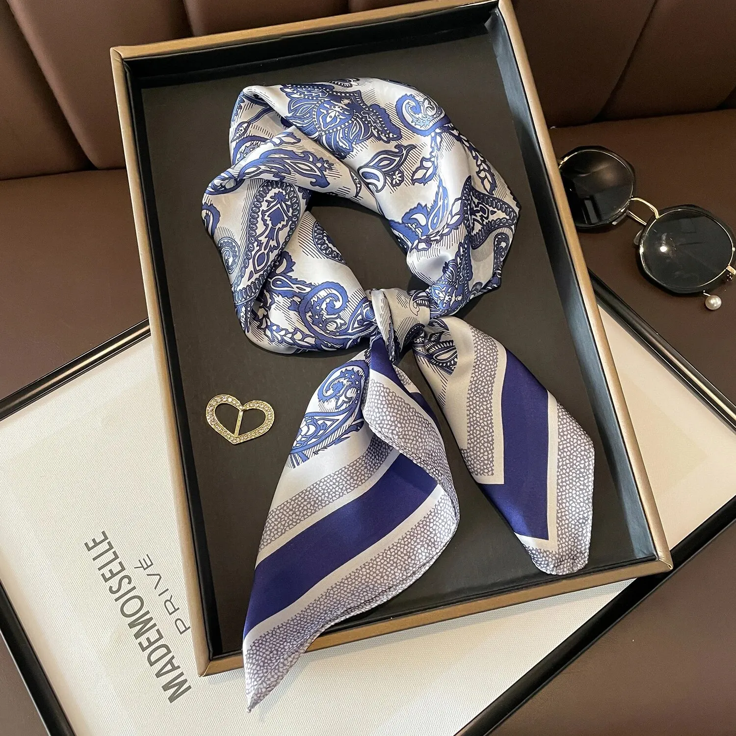 New Luxury Brand Silk Square Plaid Scarf Women Satin Neck Hair Tie Band Soft Work Neckerchife 2024 Hijab Head Female Foulard