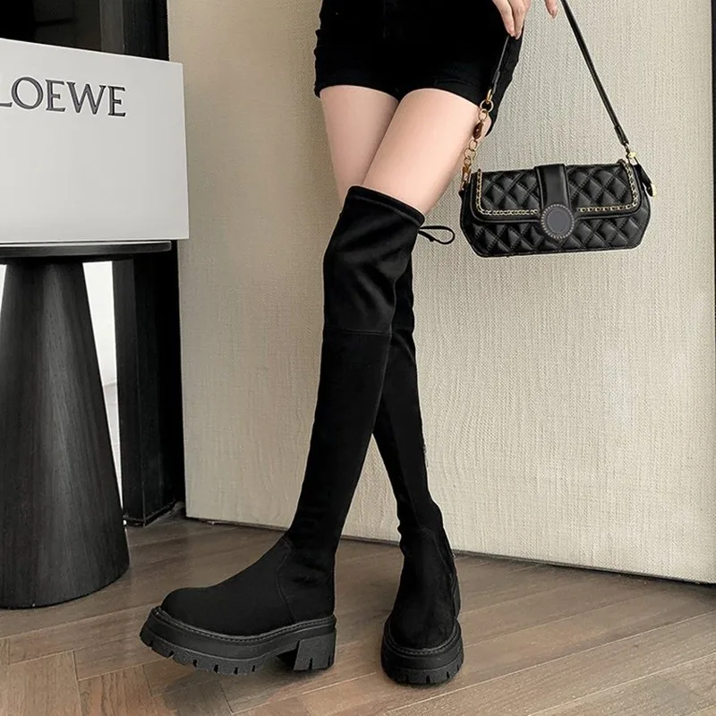 Thick Bottom Over The Knee Elastic Boots Female 2023 New Autumn Winter Thick Heel Suede Skinny Boots Strap Thigh-high Long Botas