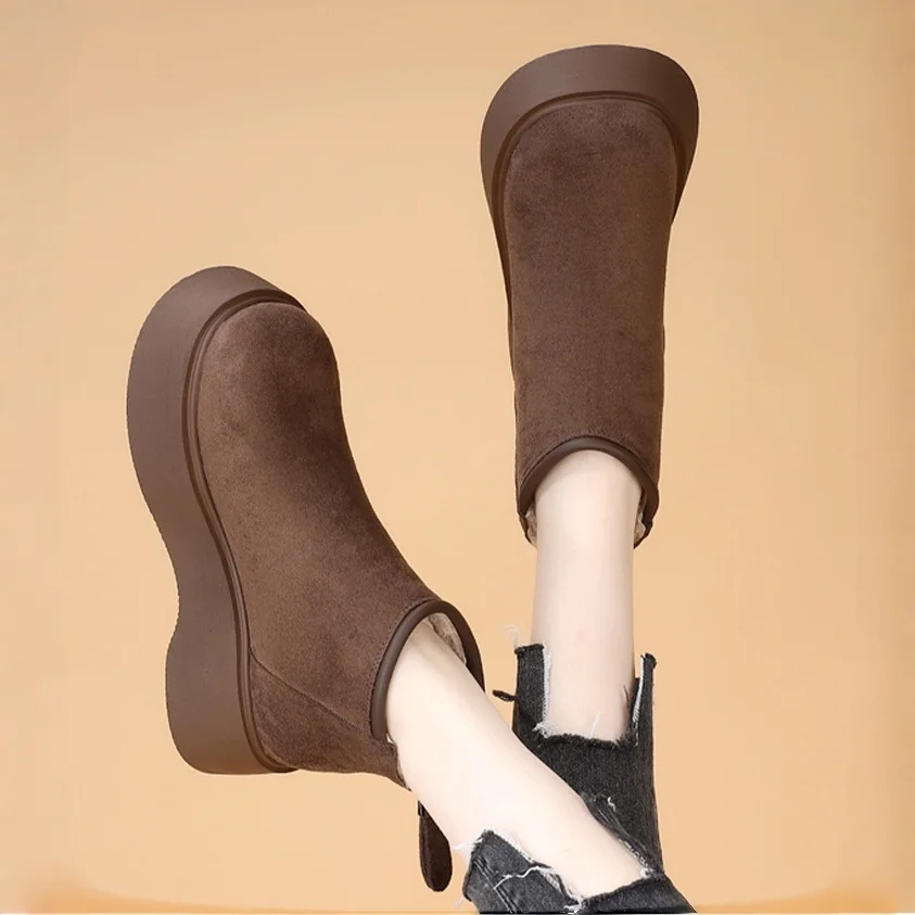 Women's Winter 3-5cm Thick-Soled Height-Increasing Boots with Back Zipper and Fleece Lining, Snow Boots, Ankle Boots, Thick-Soled Winter Short Boots, Leather and Fur Integrated, Comfortable, Non-Slip Chelsea Boots