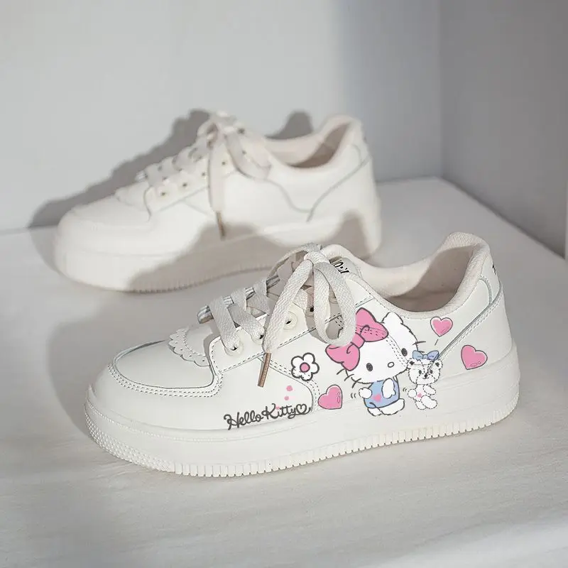 Miniso Hellokitty White Sports Shoes Kawaii Kitty Vulcanized Shoes Round Toe Cute Sanrio Student Running Sneakers Women's Shoes