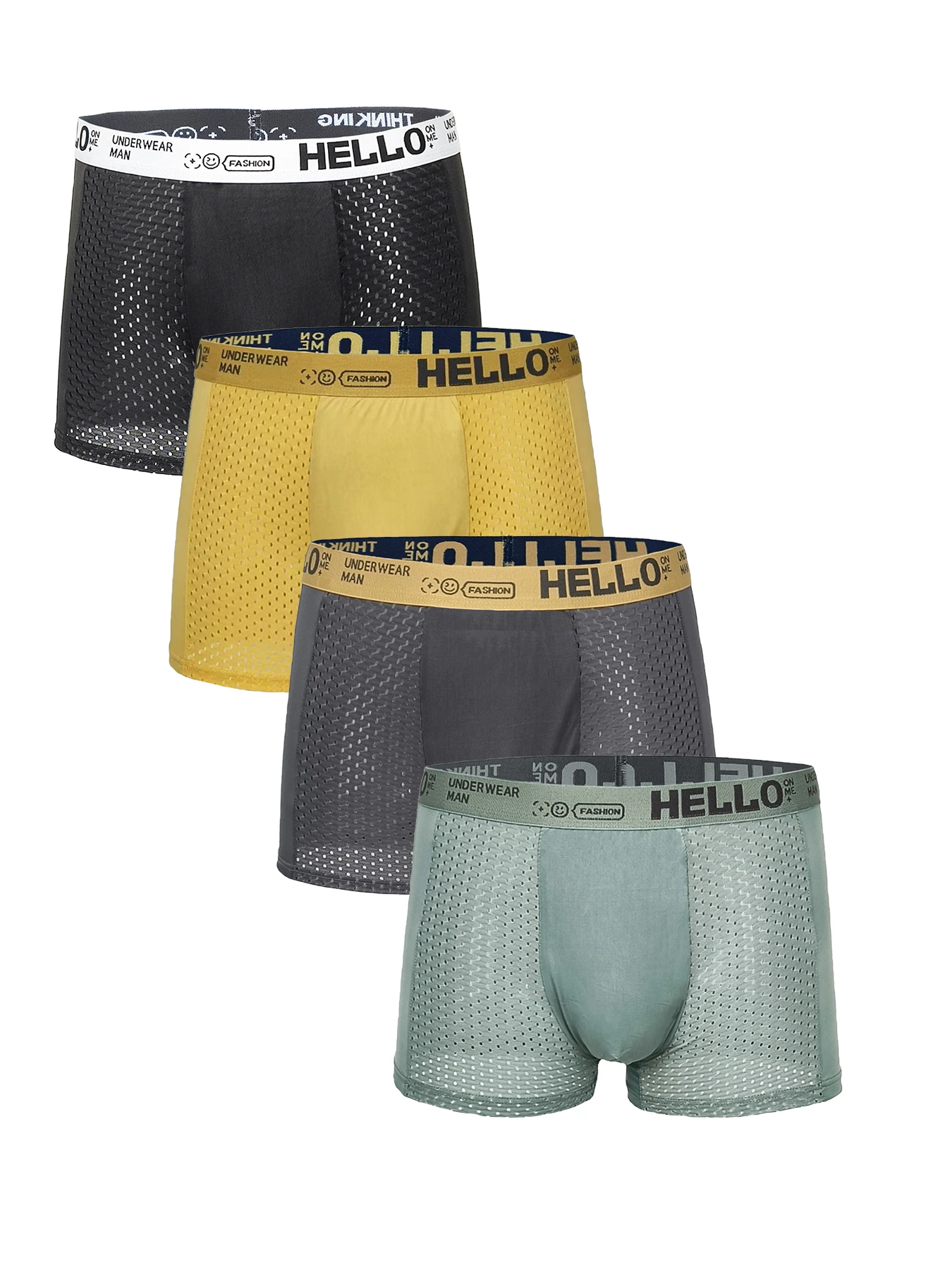 

Мужские трусы-боксеры из 4 шт. в сетку из ледяного шелка — пояс с логотипом «HELLO», комплект нижнего белья разных цветов