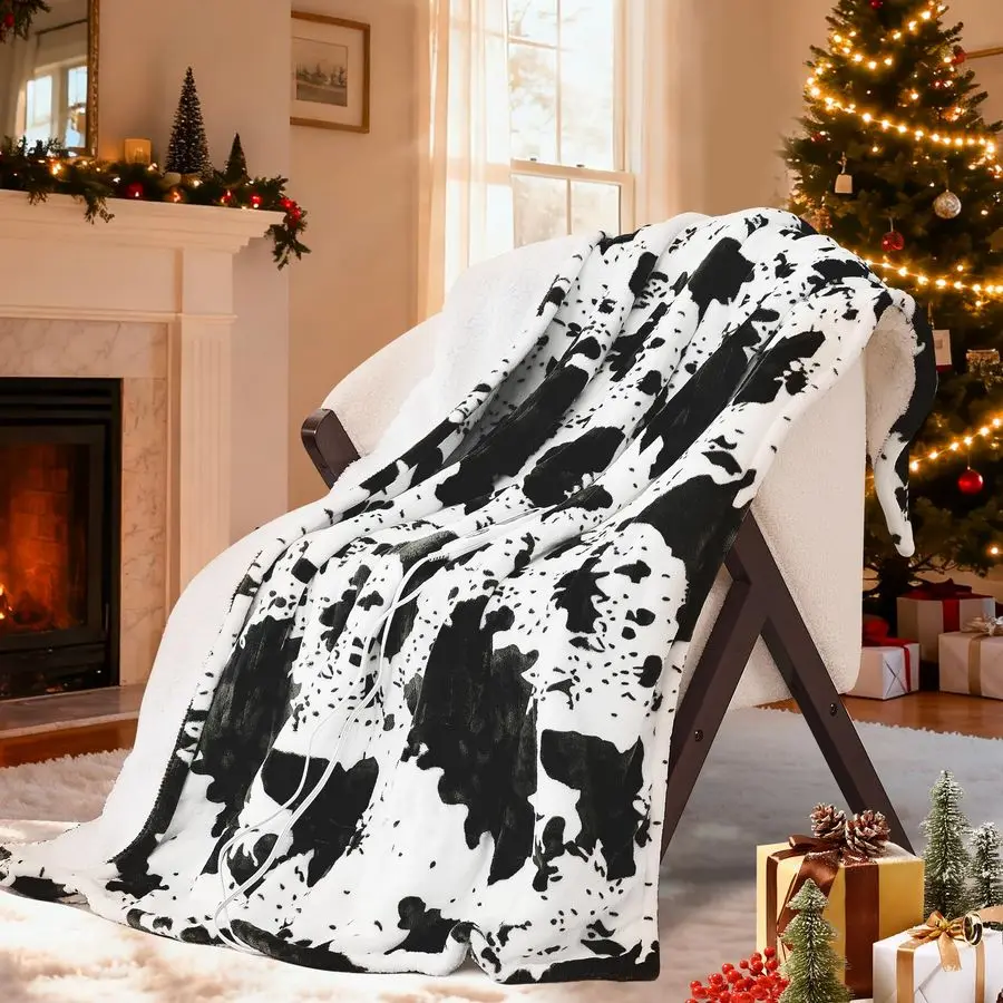 

Cow Print Heated Throw Blanket 50x60, Electric Blanket with 6 Heat Settings amp 112H Timer, Cozy Soft Flannel Sherpa, Machine Wa