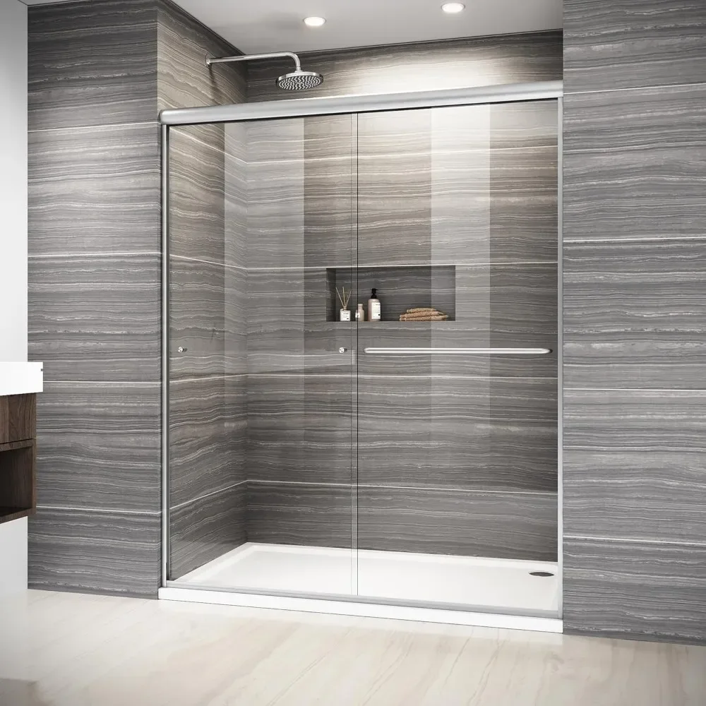 

Shower Door, 58.5-60 "W, Semi-Frameless Sliding Showers Doors, Clear Tempered Glass with Towel Bar, Bathroom Shower Glass Door