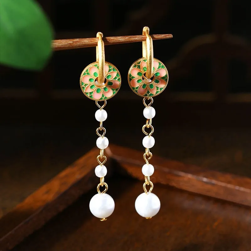 White Real Pearl Bead Earrings Talismans Carved Vintage Women Gemstone 18K Gold Plated Gifts Luxury Natural Jewelry Flower