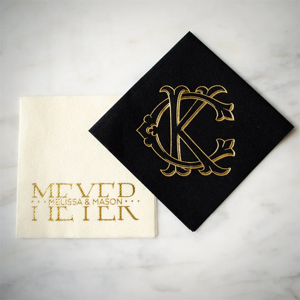 50PCS Personalized Linen Like Napkins, Monogram Linen-Like Napkins, Gold Foil Printed Napkins, Bar Napkins, Interlocking Monogra